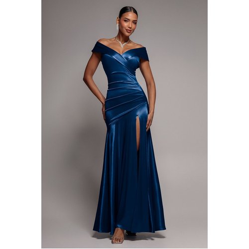 Goddiva Satin Off Shoulder Pleated Maxi Dress - Navy Blue