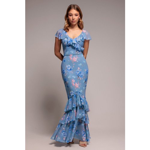 Goddiva Floral Printed Chiffon Ruffle Maxi - Blue