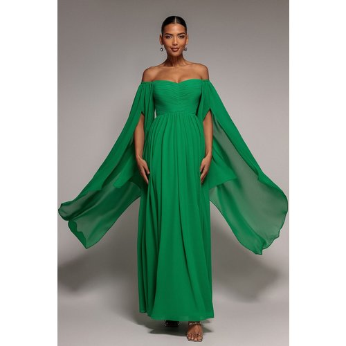 Goddiva Chiffon Off The Shoulder Maxi With Cape Sleeves - Green