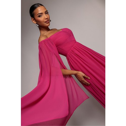 Goddiva Chiffon Off The Shoulder Maxi With Cape Sleeves - Hot Pink