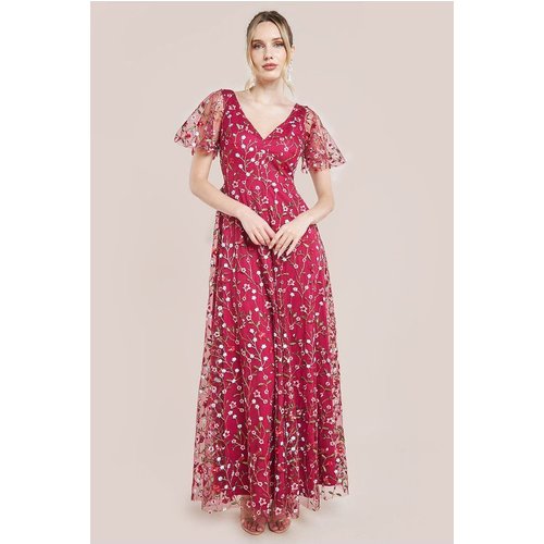 Goddiva Flutter Sleeve Floral Embroidered Maxi - Burgundy