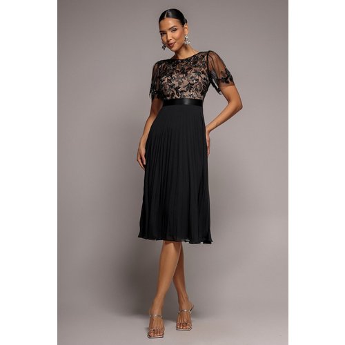 Goddiva Embroidered Top Chiffon Pleated Midi - Black