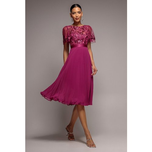 Goddiva Embroidered Top Chiffon Pleated Midi - Magenta