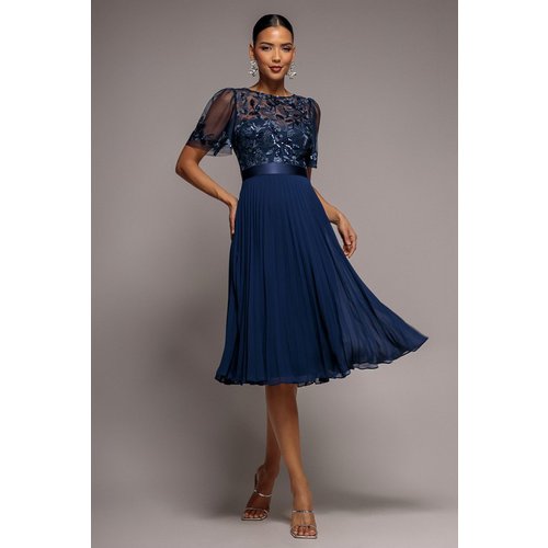 Goddiva Embroidered Top Chiffon Pleated Midi - Navy Blue