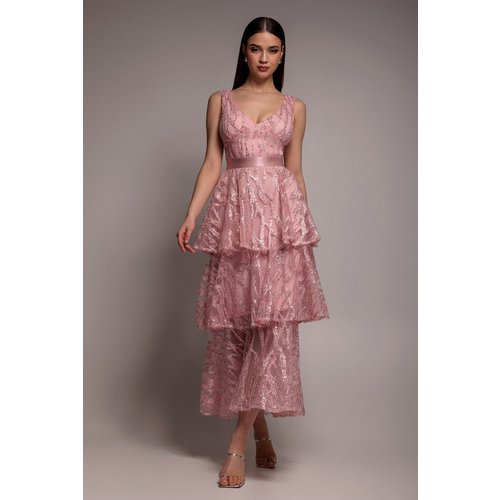 Goddiva Embroidered Mesh Tiered Midi Dress - Pink