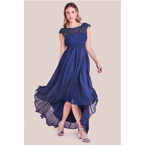 Goddiva Crochet & Pleated Top High Low Maxi - Navy