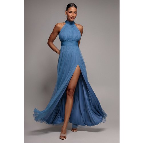 Goddiva Halter Neck Mesh Tie Maxi Dress - Dusty Blue