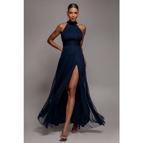 Goddiva Halter Neck Mesh Tie Maxi Dress - Navy Blue