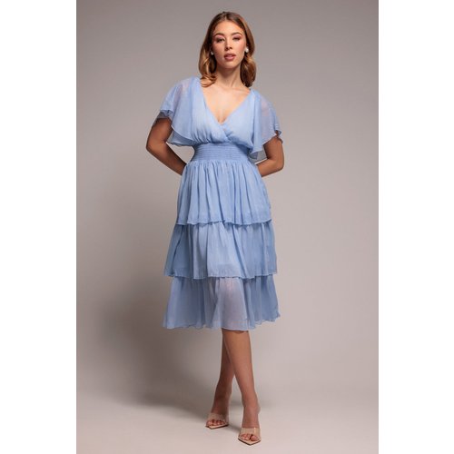 Goddiva Plain Lurex Chiffon Tiered Dress - Light Blue