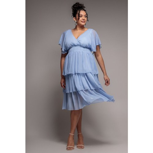 Goddiva Plus Plain Lurex Chiffon Tiered Midi Dress - Light Blue