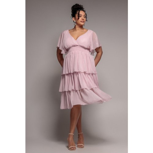 Goddiva Plus Plain Lurex Chiffon Tiered Midi Dress - Blush Pink