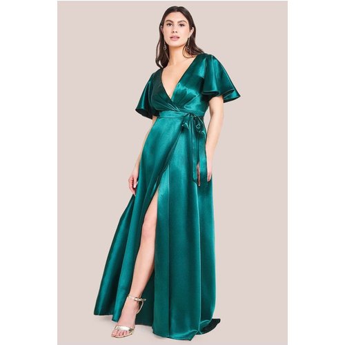 Goddiva Flutter Sleeve Wrapover Satin Maxi Dress - Emerald Green