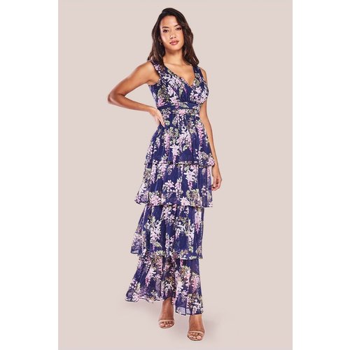 Goddiva Multilayered Chiffon Maxi Dress - Navy Floral