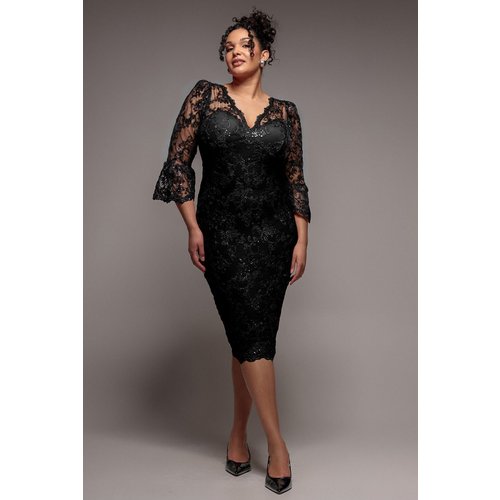 Goddiva Plus Scallop Lace Midi Dress - Black