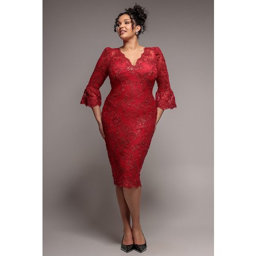 Goddiva Plus Scallop Lace Midi Dress- Red