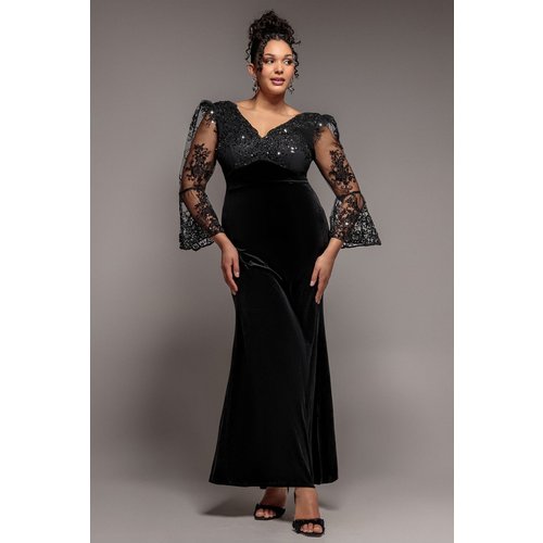 Goddiva Plus Scalloped Lace & Velvet Maxi Dress - Black