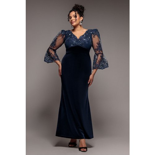 Goddiva Plus Scalloped Lace & Velvet Maxi Dress - Navy