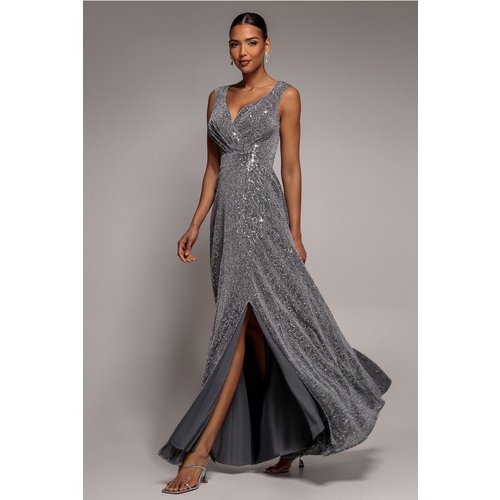 Goddiva Wrap Glitter Lurex Sleeveless Maxi Dress - Silver