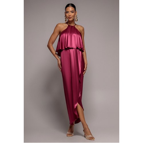 Goddiva Satin Viscose Front Wrap Midaxi Dress - Burgundy