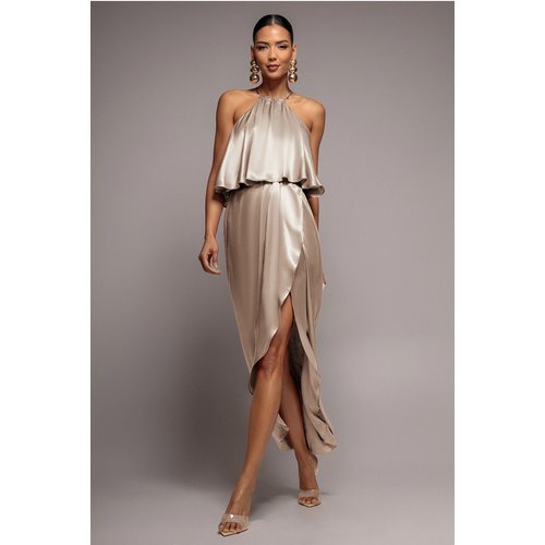 Goddiva Satin Viscose Front Wrap Midaxi Dress - Champagne