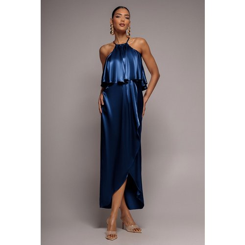 Goddiva Satin Viscose Front Wrap Midaxi Dress - Navy