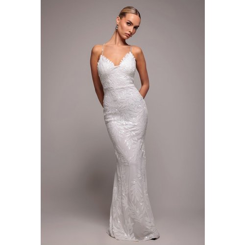 Goddiva Cross Back Diamante Strap Sequin Maxi - White