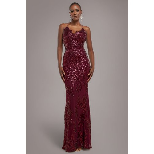 Goddiva Cross Back Diamante Strap Sequin Maxi - Burgundy