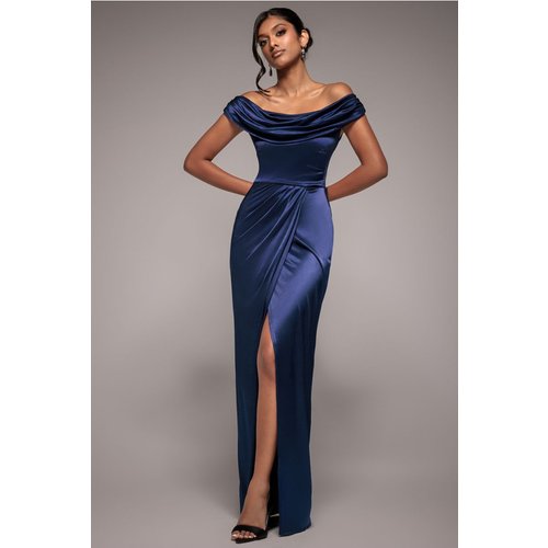 Goddiva Cowl Bardot Satin Twill Maxi Dress - Navy