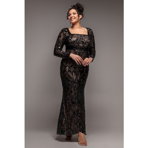 Goddiva Plus Sequin Square Neck Maxi With Scallop Hem - Black