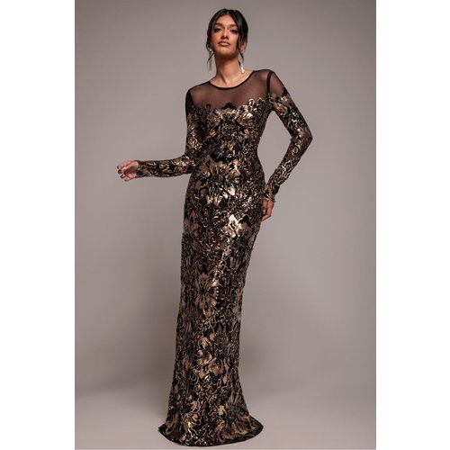 Goddiva Floral Sequin Mesh Maxi - Gold