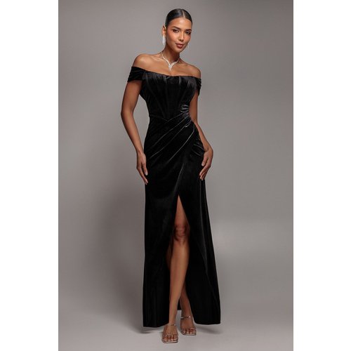 Goddiva Draped Shoulder Velvet Corset Maxi Dress - Black