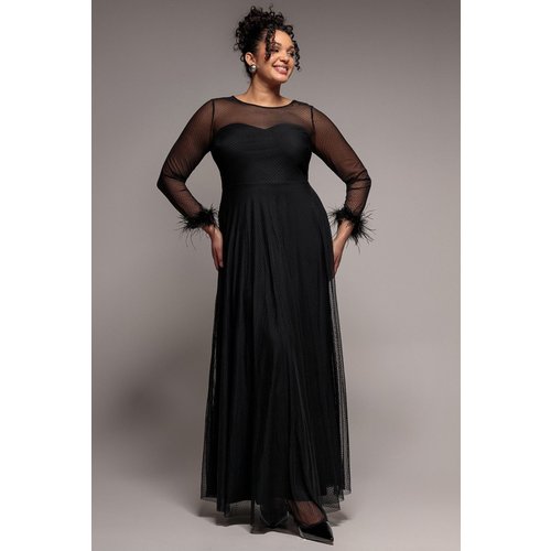 Goddiva Plus Dobby Mesh Feather Sleeve Hem Maxi Dress - Black