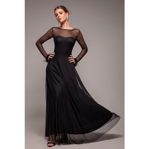 Goddiva Dobby Mesh Feather Sleeve Hem Maxi Dress - Black