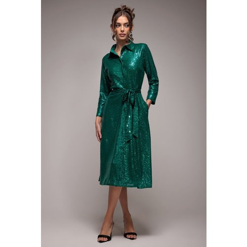 Goddiva Sequin Skater Shirt Dress - Emerald Green