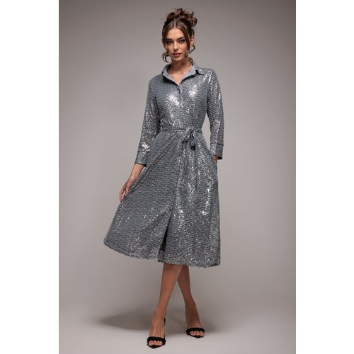 Goddiva Sequin Skater Shirt Dress - Silver