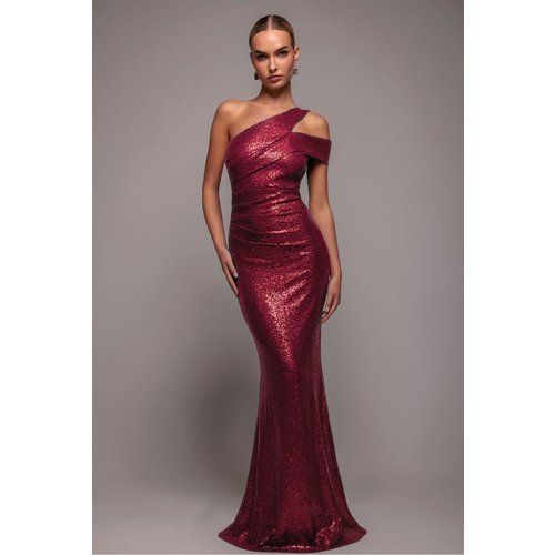 Goddiva One Shoulder Sequin Evening Maxi - Wine