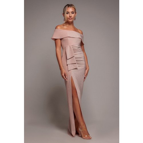 Goddiva Lurex Bardot Maxi With Waterfall Ruffle - Blush