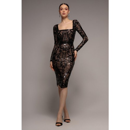 Goddiva Sequin Square Neck Bodycon Midi Dress With Scalloped Hem - Black