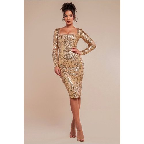 Goddiva Sequin Square Neck Bodycon Midi Dress With Scalloped Hem - Gold