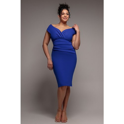Goddiva Plus Scuba Bardot Pleated Midi Dress - Royalblue