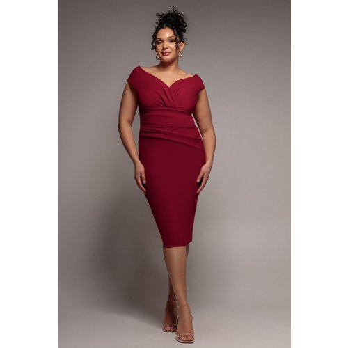 Goddiva Plus Scuba Bardot Pleated Midi Dress - Wine