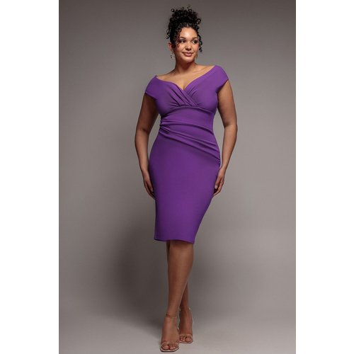 Goddiva Plus Scuba Bardot Pleated Midi Dress - Purple