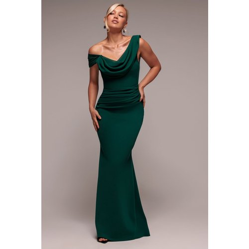Goddiva Asymmetric Chiffon Cowl Neck Scuba Maxi Dress - Emerald Green