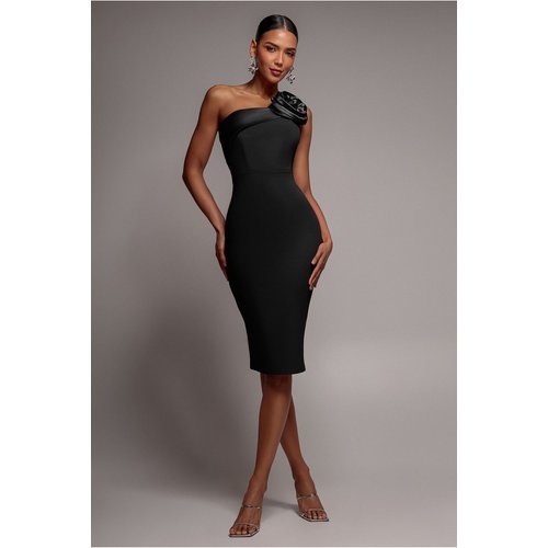 Goddiva Satin Corsage Scuba Crepe Midi Dress - Black