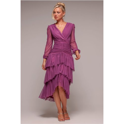 Goddiva Gathered High & Low Tiered Midaxi Dress - Berry