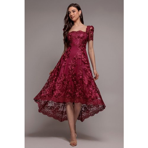 Goddiva Scalloped Neck Embroidered Lace High Low Midi Dress - Burgundy