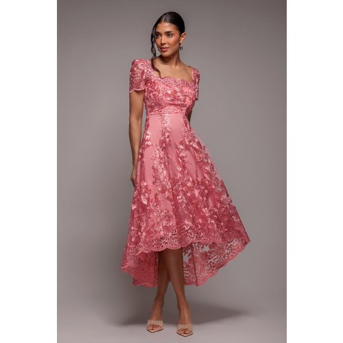 Goddiva Scalloped Neck Embroidered Lace High Low Midi Dress - Coral