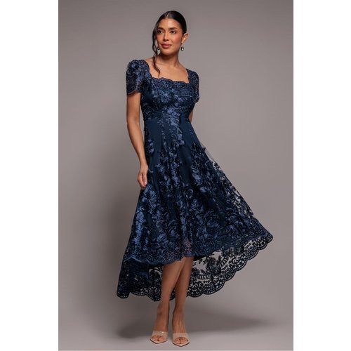 Goddiva Scalloped Neck Embroidered Lace High Low Midi Dress - Navy Blue