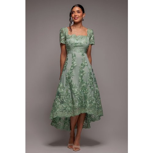 Goddiva Scalloped Neck Embroidered Lace High Low Midi Dress - Sage Green