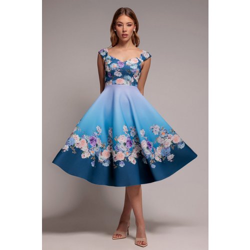 Goddiva Floral Printed Scuba Foam Skater Dress - Blue